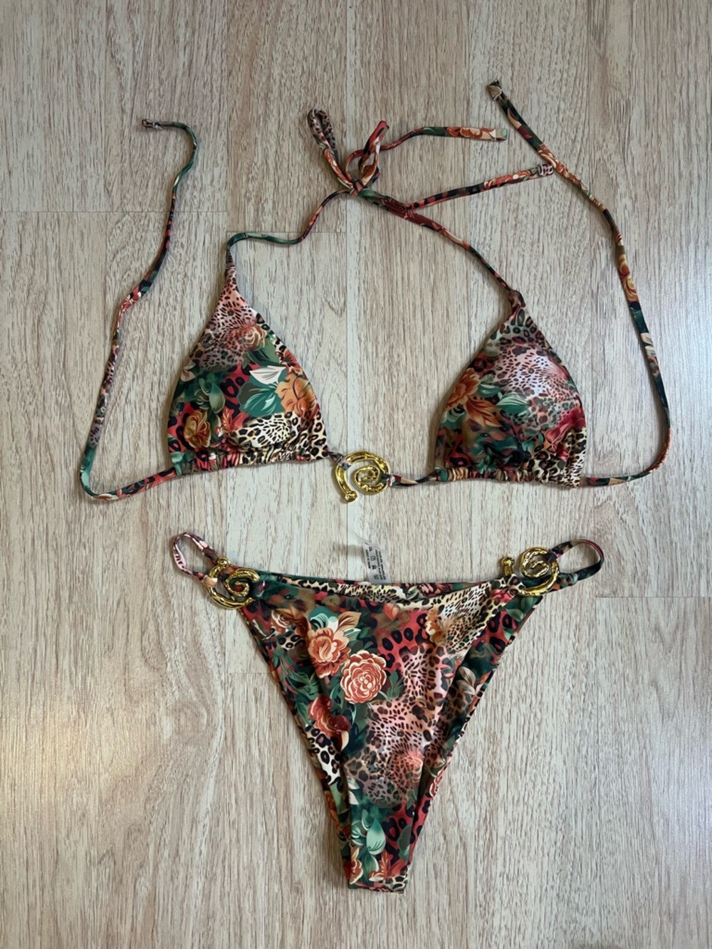 Floral Leopard Safari Print Triangle Bikini Set in Multi-Color